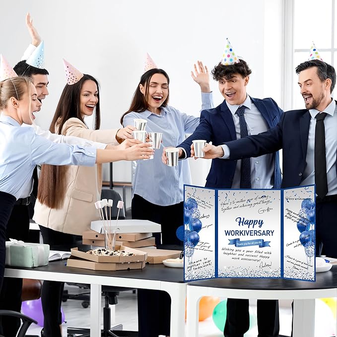 DARUNAXY Blue Silver Happy Workiversary Party Decorations, Navy Blue Happy Work Anniversary Alternative Signature Guest Book for Men Women Employee Business Gifts Signing Card Board for Office Supply