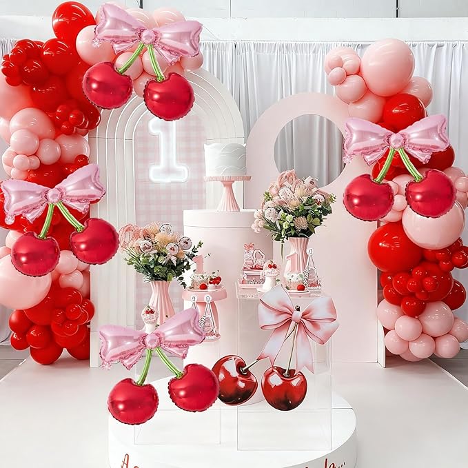 4Pcs Pink Bow Red Cherry Balloons for She's The Cherry On Top Party Foil Balloons Berry First Birthday Decorations Fruit Theme Baby Shower Bridal Wedding Party Supplies
