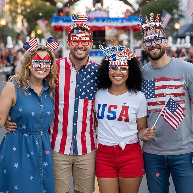 Pajean 32 Pcs 250th Anniversary USA Party Supplies Include 16 Paper Eyeglasses 16 Headbands 4th of July Patriotic Photo Booth Props for Independence Day Memorial Day Patriotic Party Favors Decors