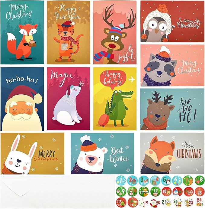 12 Pcs Christmas card with Envelopes & 24 Pcs Sticker,Cartoon animals categories holiday cuteness multiple loose cards with envelopes and written blessing messages,can be given to friends, family, children, boys and girls(dongwu)