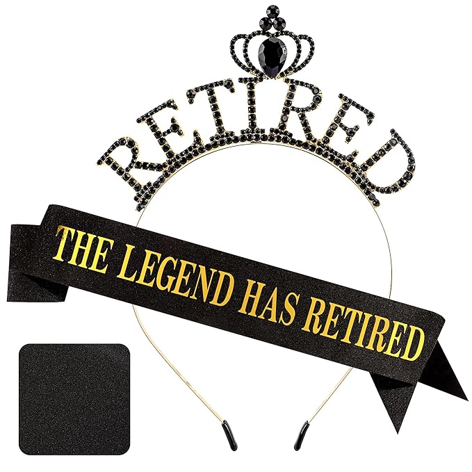Retirement Crown Headband & Sash Set - The Legend Has Retired Retirement Party Decorations for Women Men Retirement Gifts for Women Men Retirement Party Supplies Black Glitter