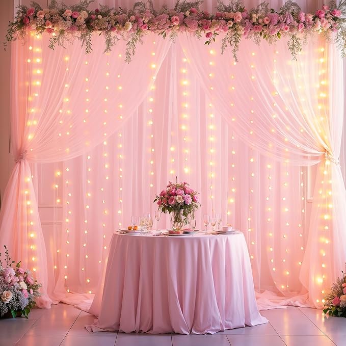 10x10FT Pink Wrinkle Free Backdrop Curtains with Lights String for Parties - Photo Curtain Backdrop with Lights for Wedding Decorations, Bridal Baby Shower Birthday Party Photography Background