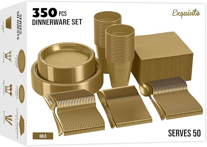 350 Pcs Gold Plastic Plates For Party, Gold Disposable Plates Set, 50 Of Each 9" Dinner Plate Set, 7" Dessert Plate, Cups, Napkins & Cutlery Plastic Dinnerware Set Exquisite