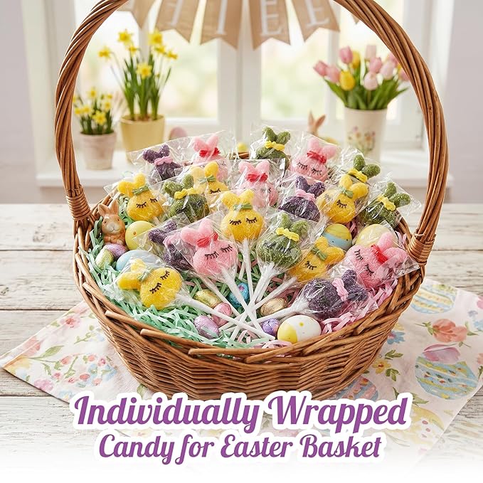 Easter Bunny Lollipops With Natural Colors – 24 Count Individually Wrapped Candy, Bunny Shaped Lollipops for Basket Stuffers, Easter Candy, Party Favors & Spring Candy for Kids.