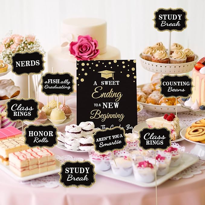 Graduation Candy Buffet Labels for Grad Party Decorations, Graduation Candy Bar Dessert Food Label Signs Set, Class of 2026 Grad Parties Table Decor Supplies (Black and Gold)