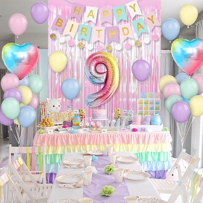 9th Birthday Decorations Rainbow,Gradient Number 9 Balloon,Pastel Happy Birthday Banner Fringe Curtain Heart Foil Balloons Boys Girls 9 Year Old Decor