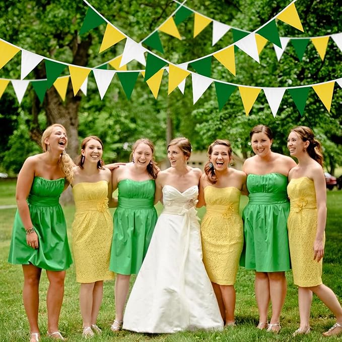 GCQQ 39Ft Yellow Green White Banner - 42PCS Cotton Pennant Banner Flags Spring Summer Triangle Golf Wall Banners for Football Banquets Birthday Wedding Tea Party Outdoor Patio Graduation Decoration