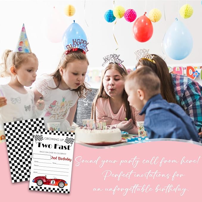 Growing Up Two Fast 2nd Birthday Party Invitations - 20-Pack of 4''x6'' Racing Car Invite Cards with Envelopes, Double-Sided Fill In Birthday Party Celebrate Supplies & Decoration For Girls Boys - A10