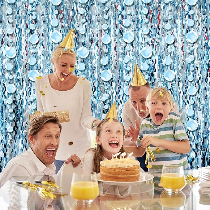 Blue Wave Shaped Streamers Ocean Themed Tinsel Foil Fringe Curtain with Bubble Garlands for Beach Under The Sea Party Decorations (6.6 feet Curtain 6 Bubble Garlands)