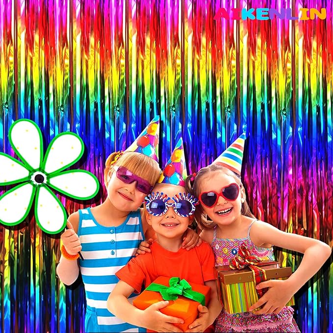 4 Pack 3.2Ft x 8.2Ft Rainbow Foil Fringe Curtain Backdrop, Metallic Tinsel Foil Fringe Streamers Curtains Background for Photo Booth, Birthday, Wedding, Disco, Bachelorette, Christmas Party Decoration