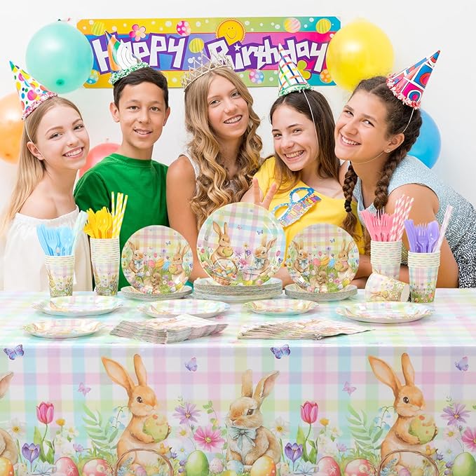 Ceenna 452 Pcs Easter Party Supplies for 50 Guest, Pastel Easter Bunny Paper Plates Napkins Cups Tablecloth Cutlery Straw Disposable Tableware for Rabbit Baby Shower Wedding Birthday Party Decoration