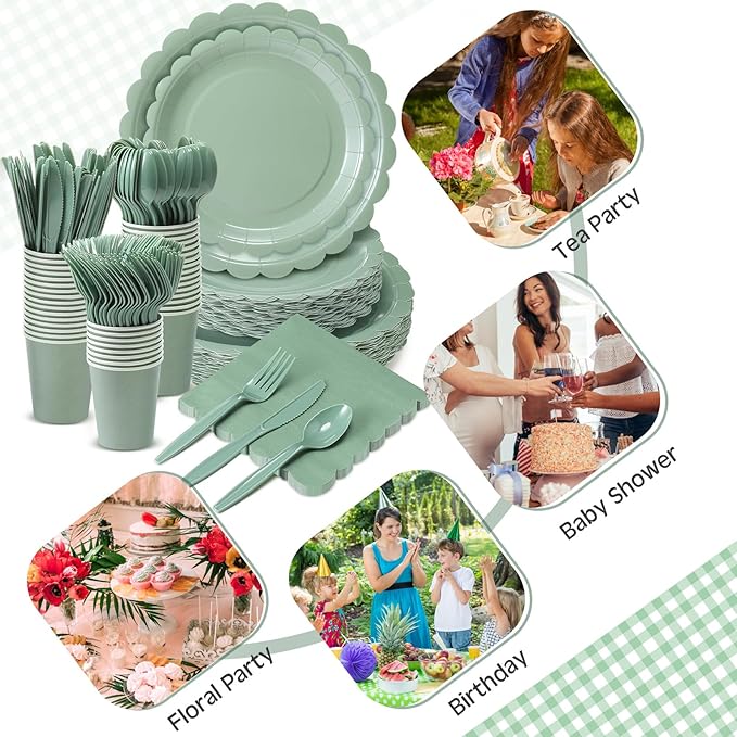 350 Pcs Sage Green Plates and Napkins, 50 Guest Easter Spring Party Supplies Include Scalloped Paper Plates Napkins Cups Plastic Spoons Forks Knives Disposable Tableware Set for Baby Shower