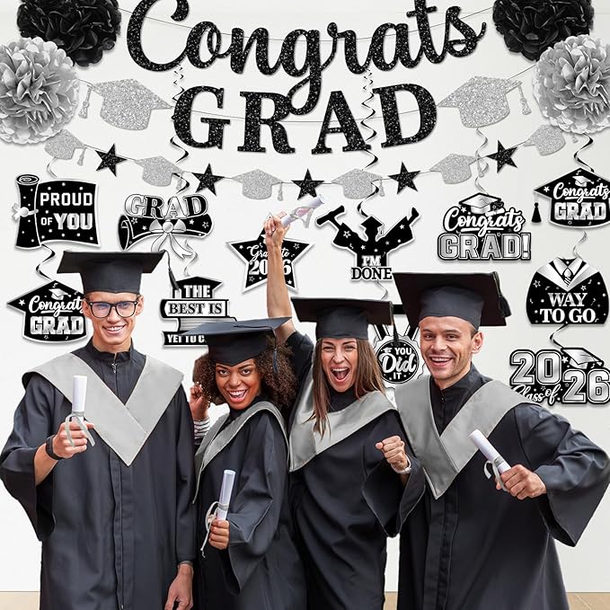 Graduation Decorations 2026, Glitter Congrats Grad Banner Hanging Swirls and Tissue Pom Poms, Black and Silver Graduation Decorations for Class of 2026 College Graduations Party Decorations