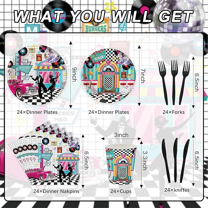 120pcs 50's Theme Party Supplies Back To 1950's Sock Hop Birthday Party Decoration Retro Rock And Roll Tableware Fabulous For Serves 20 Guests