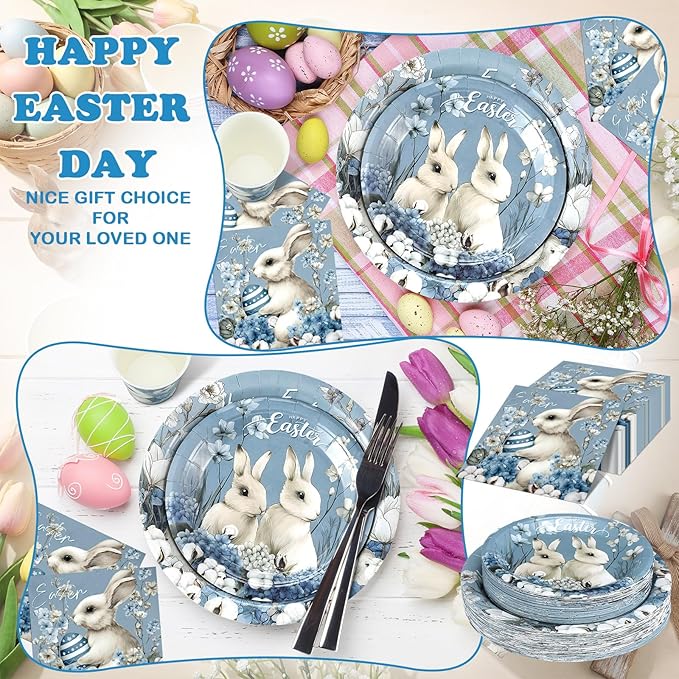 200 Pcs Easter Party Supplies Easter Bunny Hydrangea Decorations Disposable Plates Cups Napkins Set Rustic Farmhouse Tableware Serve 50 Guests Wildflowers Dinnerware for Spring Table Decor