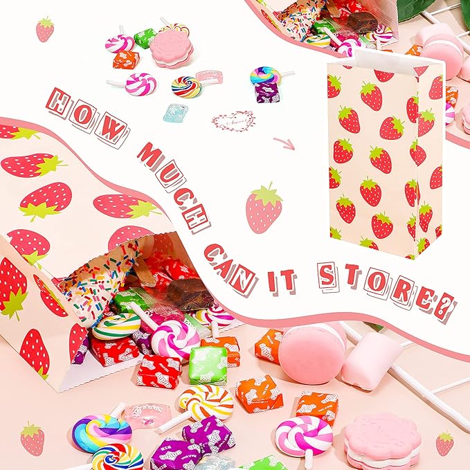 Chrisfall 20 Pcs Strawberry Party Favor Bags Strawberry Candy Paper Goodie Bags Cute Snack Treat Decoration for Fruit Themed Birthday Wedding Baby Shower