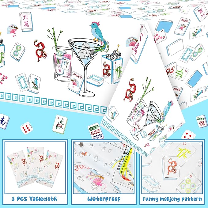 K1tpde Mahjong Party Tablecloth Decoration - 3PCS Cocktail Themed White and Blue Plastic Tablecloth, Disposable Cocktail Tablecover for Adult, Mahjong Party Supplies for Birthday Bachelorette Decor