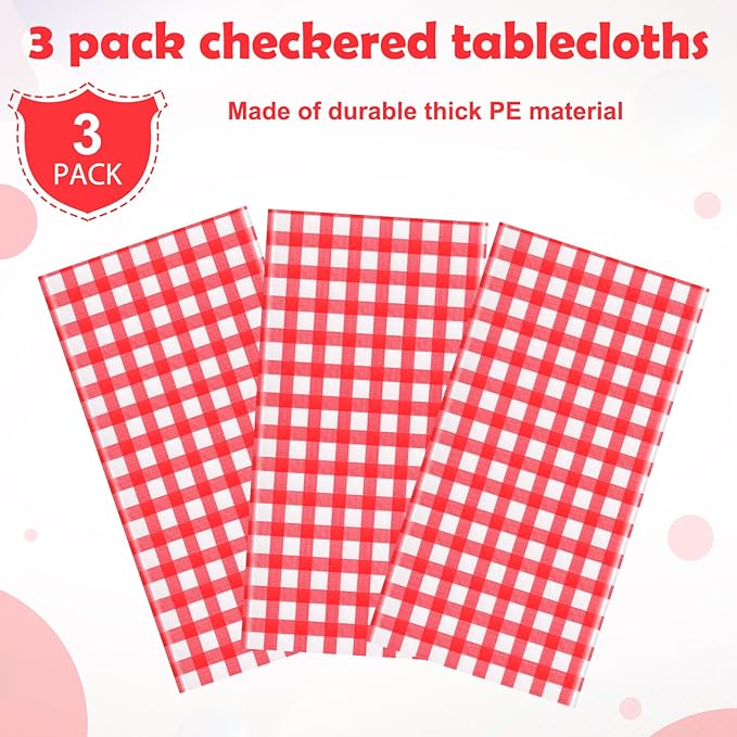 3pcs 54X108inch Red Checkered Tablecloth,Red Gingham Tablecloths Buffalo Plaid Disposable Plastic Table Covers for Birthday Baby Shower Bridal Wedding Party Birthday Decorations