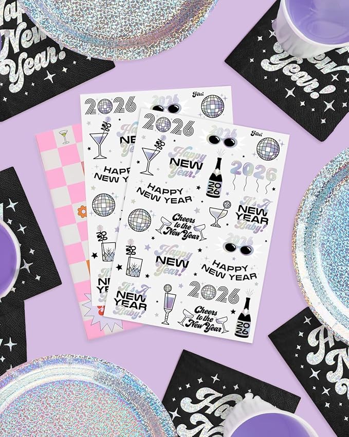 xo, Fetti New Years Eve Party Supplies Tattoos - 42 Foil Styles | Disco NYE Party Favors, Happy New Year Decorations, NYE 2026 Decor