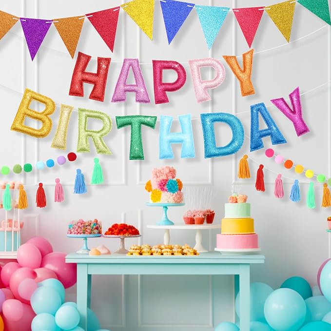 5 Pcs Pre-strung Rainbow Happy Birthday Banner Set, Felt Glitter Happy Birthday Garland with Ball Garland, Pennant Flags and Tassels, Birthdays Party Decorations for Kids and Adults