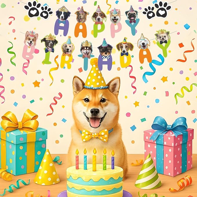 Happy Birthday Dog Birthday Banner,Dog Face Birthday Party Banner Backdrop Decoration, Pet Theme Party Decoration for Golden Doodle Teddy Husky Labrador