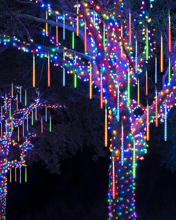 iBaycon 20 Tubes 480 LED Meteor Shower Rain Lights, 11.8 inches Cascading Icicle Lights Waterproof Outdoor, Connectable Falling Raindrop Lights with Timer for Holiday Party Christmas Decorations