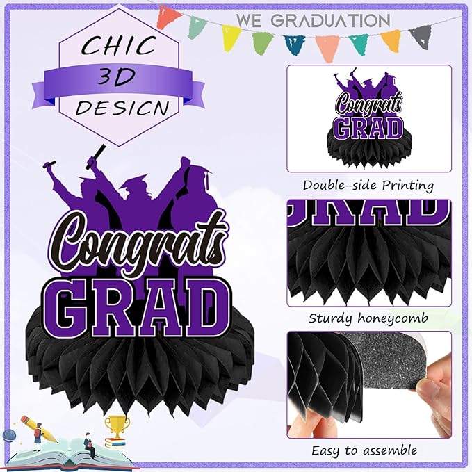Yisong 9 Pieces 2026 Graduation Party Table Decorations Class of 2026 Congrats Graduation Centerpieces for Tables Congratulate Honeycomb Centerpiece Topper for Grad Party Supplies (Purple)
