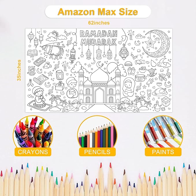 OHOME Ramadan Giant Coloring Poster/Tablecloth-Ramadan Decorations - Jumbo Coloring Banner Kids Eid Crafts Activities Decor Party Decorations