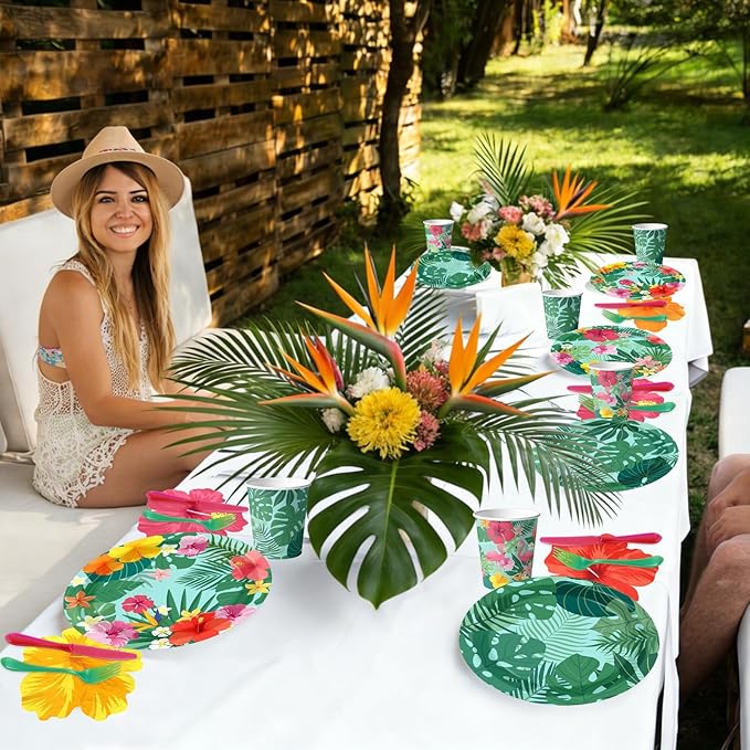 144Pcs Tropical Luau Party Supplies Hawaiian Hibiscus Floral Disposable Paper Plates and Napkins Palm Leaf Themed Tableware Set for Summer Beach Aloha Birthday Decorations