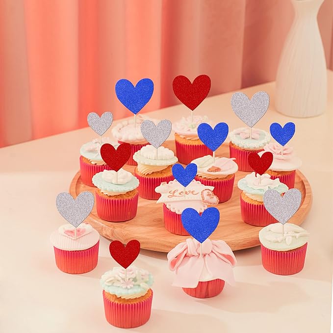 30 PCS Love Heart Cupcake Toppers Glitter Sweet Love Cupcake Picks Wedding Engagement Bridal Shower Cake Decorations for Valentine's Day Baby Shower Birthday Party Supplies Blue Red Silver