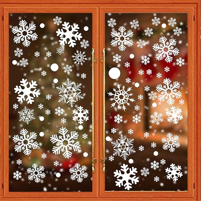 White Snowflake Window Clings for Christmas Decorations, Holiday Frozen Winter Wonderland Party Supplies, PVC Snowflake Static Stickers for Window Glass, 180PCS (Plain White)