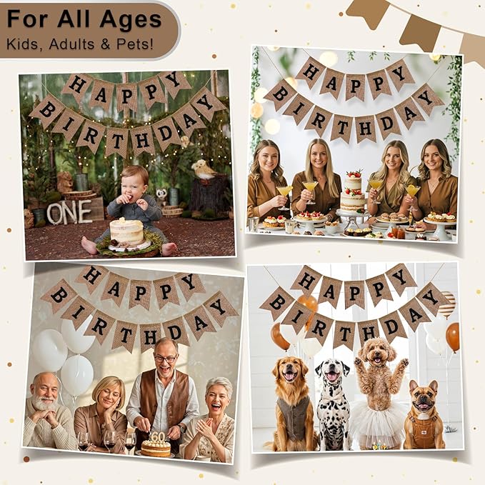 Happy Birthday Banner - Pre‑Strung Burlap Birthday Decorations and Reusable Birthday Sign for Men, Women & Kids | Party Supplies Backdrop (Black)