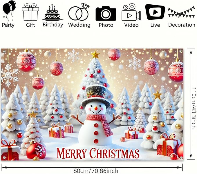 Christmas Banner Snowman Winter Wonderland Xmas Decoration Holiday Party Backdrop Merry Christmas White Tree Gift Red Ornaments Photo Prop Wall Display for Indoor Outdoor 71 X 43 Inches