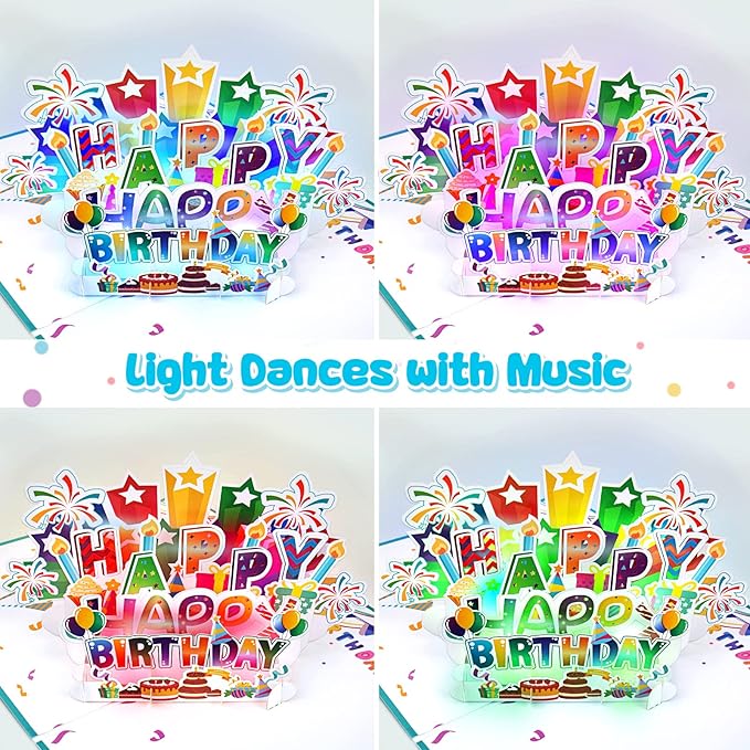 INPHER Large Birthday Card, 3D Pop up Light and Music Happy Birthday Card, Musical Birthday Gift Greeting Card for Men, Women, Kids
