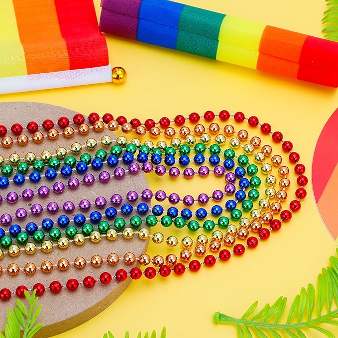 Pride Necklace Accessories , 30PCS Rainbow Beads Necklaces, 6 Kinds Metallic Rainbow Beads Bulk, Round LGBTQ Pride Stuff for Gay Lesbian, Costumes Decor for Parade Throws Party Favors