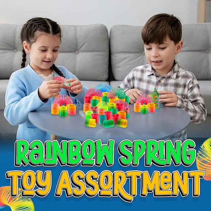 Bedwina Rainbow Spring Toy Assortment - (Pack of 50) Mini Plastic Coil Spring Toy | Bright Colors and Shapes, Goody Bag Filler, Party Prizes and Stocking Stuffers for Kids