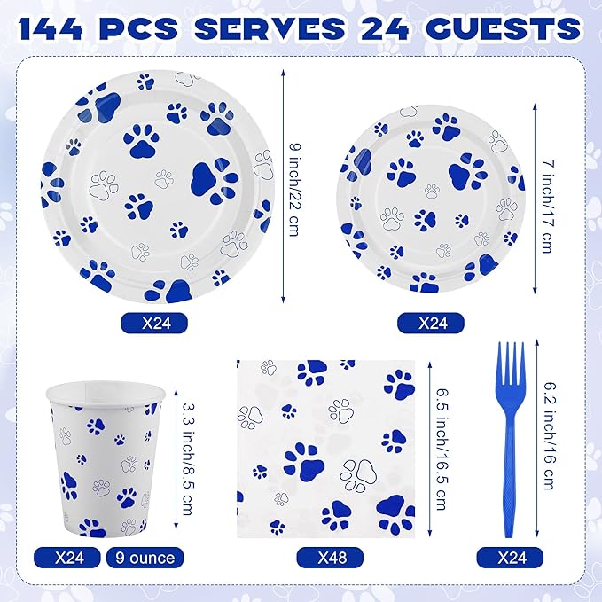 Kochorie 144 Pieces Blue Paw Print Party Tableware Sets Including Disposable Plates Napkins Cups Forks Serves 24 for Dog Puppy Theme Party Supplies