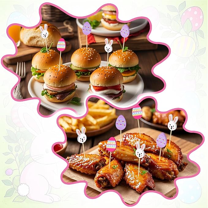 100 Pcs Easter Toothpicks, 4.72 Inch Easter Cocktail Picks for Appetizers, Long Bamboo Toothpicks, Decorative Toothpicks Skewers for Holiday Birthday Party Decorations (Easter Rabbit and Egg)
