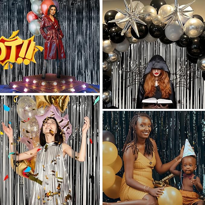 Black Fringe Backdrop Party Decorations 3.3 x 8.2 ft, 2 Pack Foil Fringe Curtains Door Streamers, Black Tinsel Backdrop for Birthday Halloween Twilight Bachelorette Decor