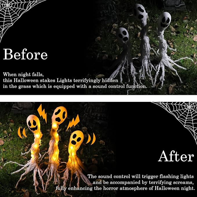 Halloween Decorations Outdoor: 3 Pack Lighted Up Ghost Yard Stakes, Spooky Ghosts Pathway Markers Lights Yard Decor, Battery Operated Trick or Treat Halloween Decor for Home Patio Lawn