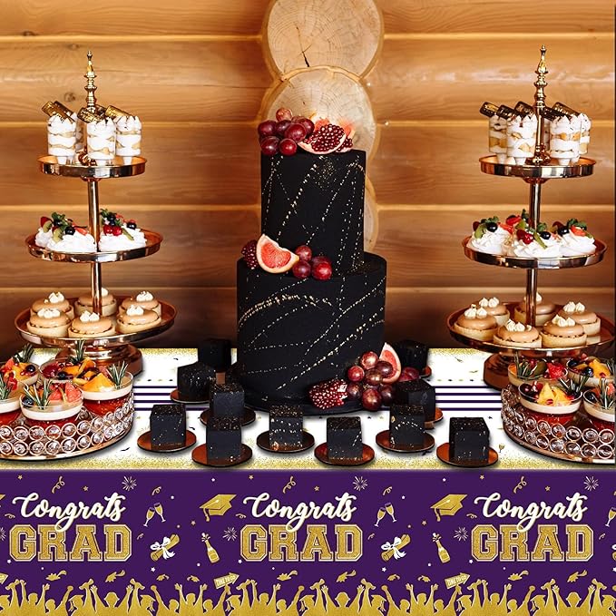 chiazllta Set of 3 Graduation Tablecloths Class of 2026 Congrats Grad Purple Graduation Party Tablecover Decorations Party Supplies Large Size Plastic 54"x108"(Purple & Gold)
