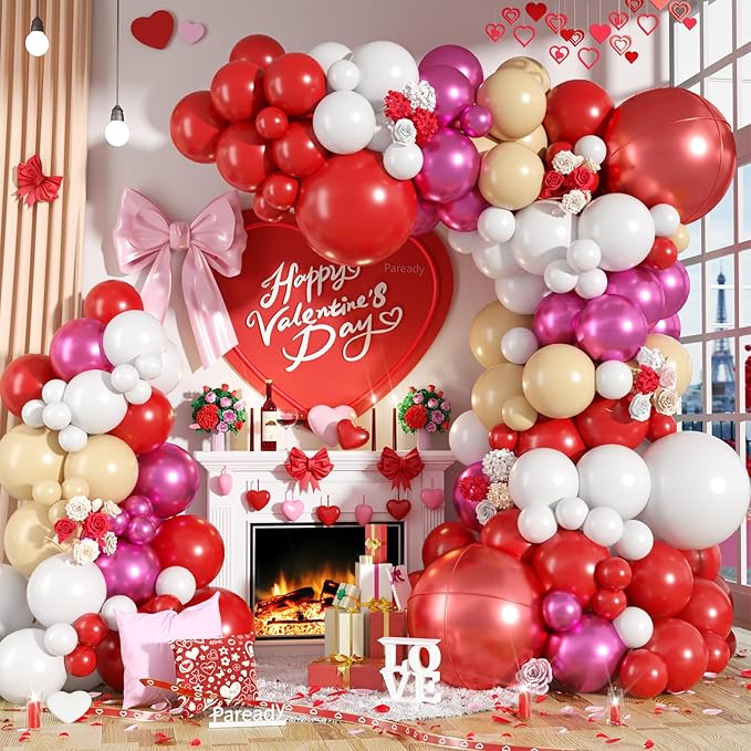 Red Balloon Garland Arch Kit, 120pcs Red White Balloon Arch Kit With 4d Foil Balloon Metallic Magenta Balloons For Mother Day Party Birthday Wedding Bridal Shower Anniversary Valentine's Day Decor