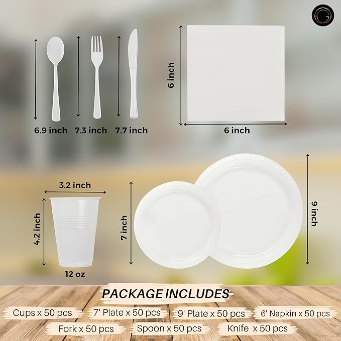 350 Piece Frost & Clear Disposable Dinnerware Set 50 Guests, Plastic Party Plates And Cups And Napkins Sets - 50 Count 9" Dinner Plates, 7" Dessert Plates, 12oz Cups, Paper Napkins,Forks-Knives-Spoons