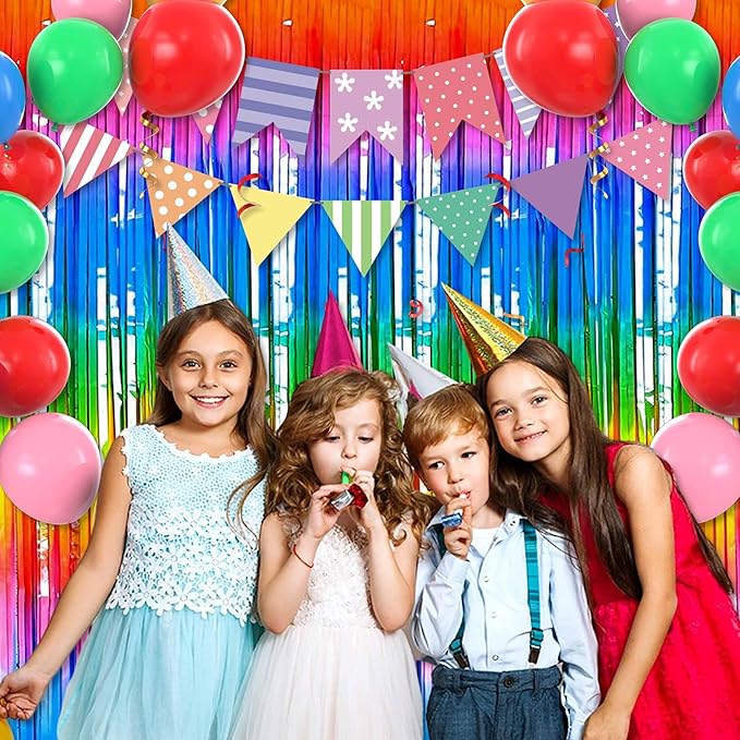 6 Pack Dark Rainbow Foil Fringe Curtains Backdrop, 3.28 x 9.8 Ft Metallic Streamers Tinsel Curtains Background for Photo Booth, Birthday, Halloween, Christmas, New Year Party Decorations