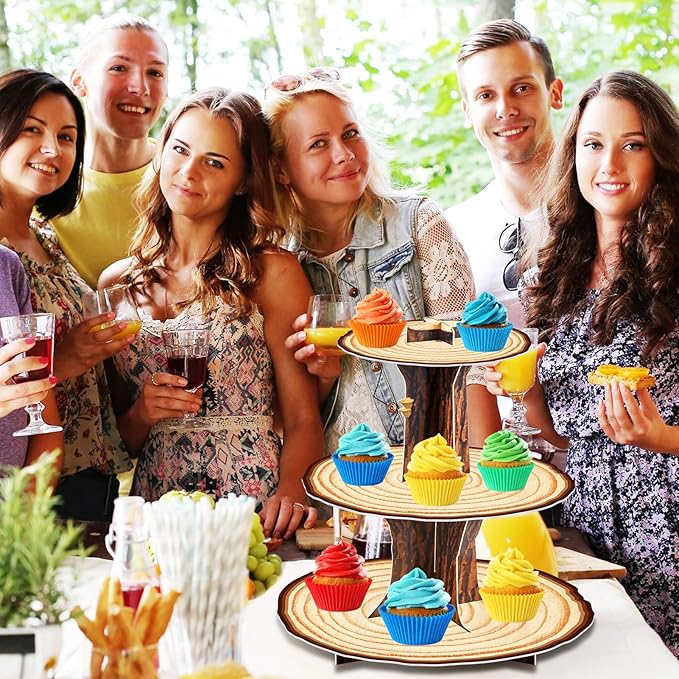 Wooden 3 Tier Cupcake Stand Decoration - Rustic Wood Cupcake Stand Decor for Camping, Birthday, Safari Party Supplies