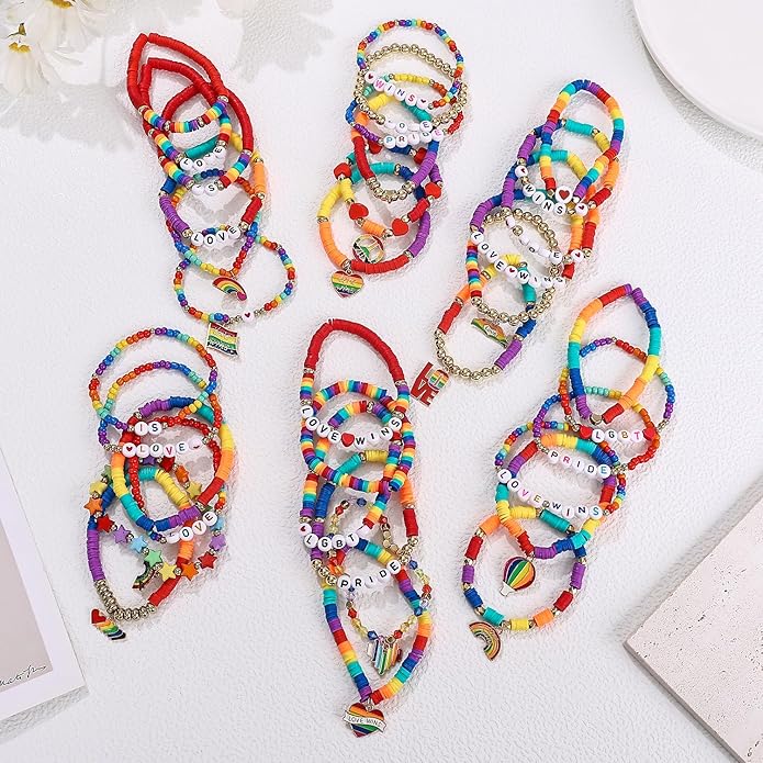 Cooluckday 36 Pcs Holiday Heishi Surfer Bracelets for Women Bulk Easter Mother's Day Christmas St. Patrick's Day Mardi Gras Bracelet Stackable Stretch Friendship Bracelets Set