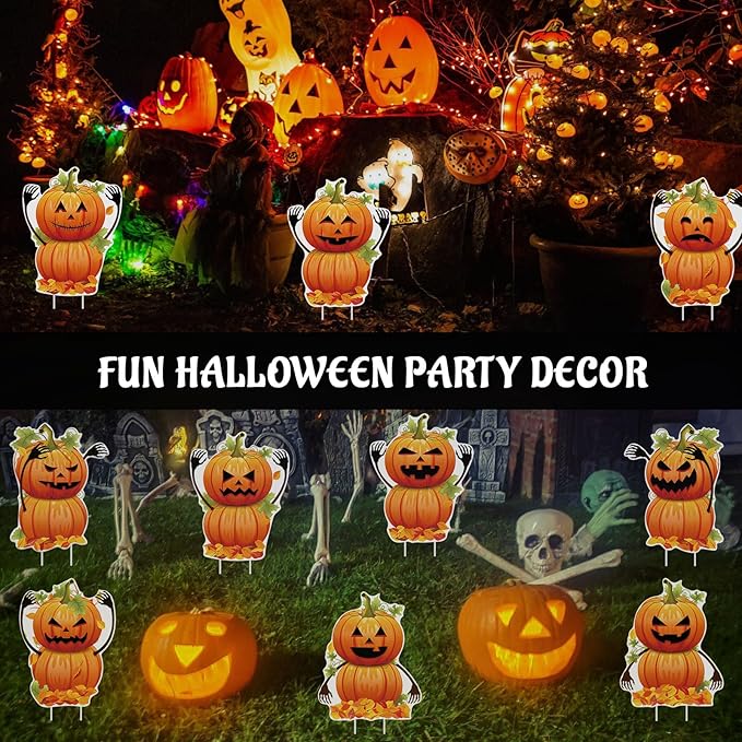 10 PCS Halloween Pumpkin Yard Signs with Stakes, Waterproof Pumpkin Ghost Lawn Signs, Trick or Treat Party Garden Outdoor Decorations, 10 Cute Scary Styles