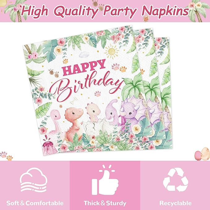 168PCS Dinosaur Party Supllies for Girls Pink Cartoon Dino Birthday Party Decorations Watercolor Dino Plates Cups Napkins Cups Forks Knives and Straws Tableware Set for 24 Guests