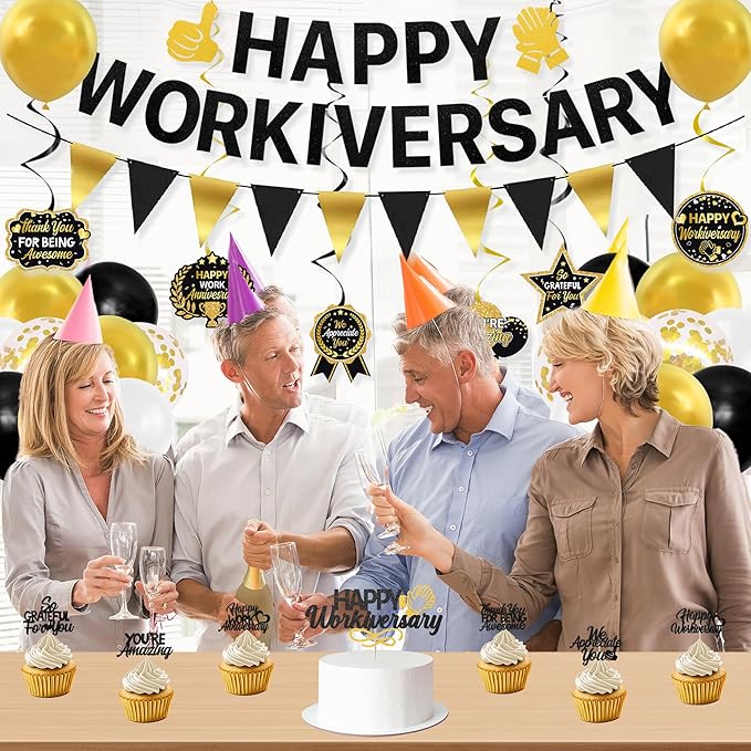 Roetyce Work Anniversary Party Decorations, Black Gold Happy Workiversary Banner Cake Topper Balloons Hanging Swirls, Work Anniversary Backdrop Background for Employee Coworker Office Party Supplies