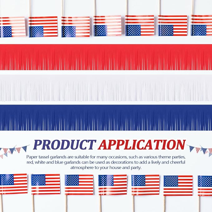 Taiyin 12 Pack 120 Feet 4th of July Decor Patriotic Fringe Garland Red White Blue Paper Fringe Garland Streamers Banner Independence Day Hanging Backdrop Table Skirts for Memorial Day Birthday Party